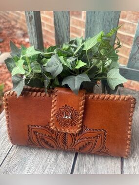 Loyal West Desert Lotus Wallet~ Brown Hand-tooled Leather & Calfskin